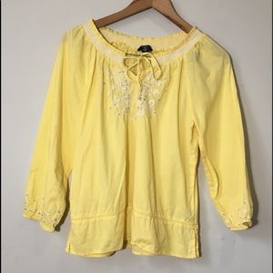 Intro yellow boho peasant gathered sleeve top